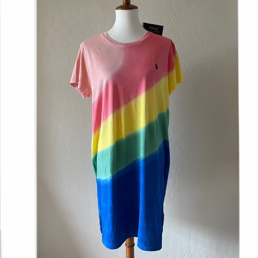 🎉HP🎉New! Polo Ralph Lauren Cotton Tie Dye Rainbow Ombre TShirt Dress Womens XL - Picture 3 of 14